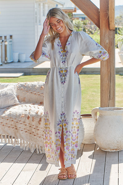 JAASE | DAYLILIES WHITE LINEN IVY MIDI DRESS | Bohemian Love Runway
