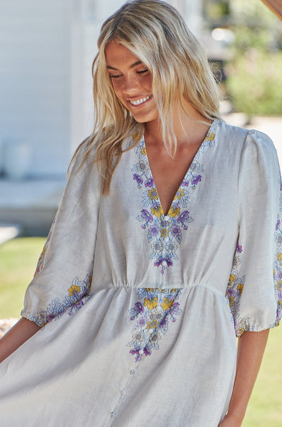 JAASE | DAYLILIES WHITE LINEN IVY MIDI DRESS | Bohemian Love Runway