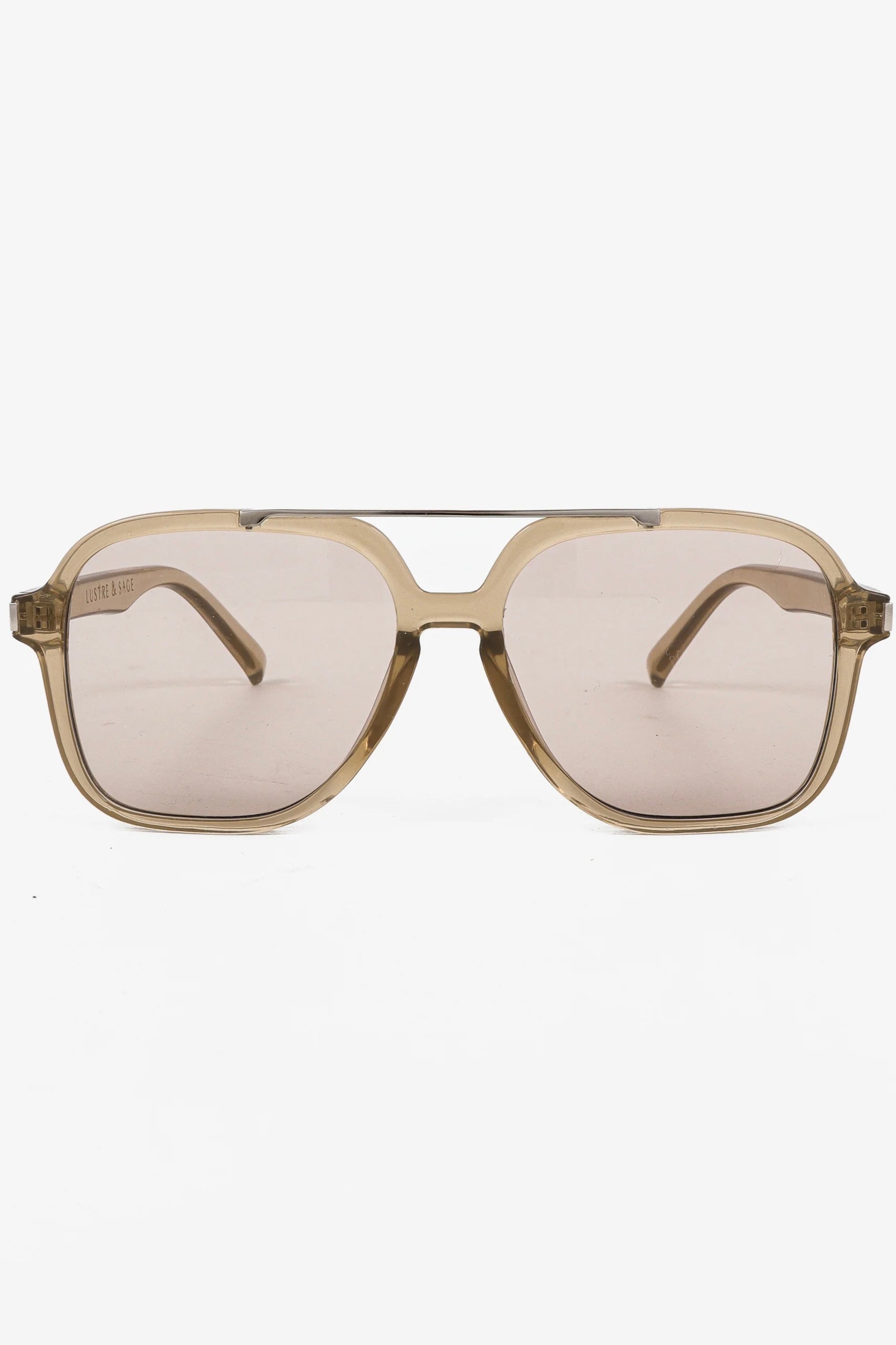 Lustre & Sage Giselle clear grey oversized square aviator sunglasses with smoke lenses