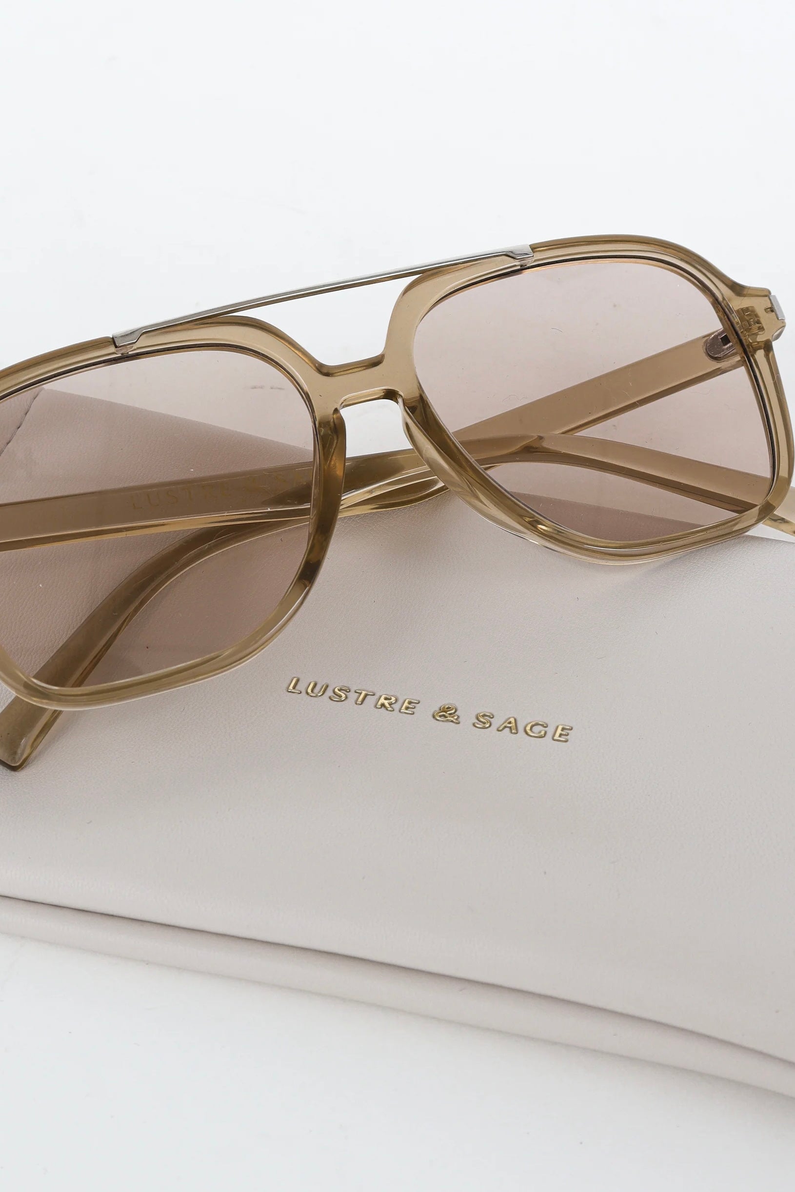 Lustre & Sage Giselle clear grey oversized square aviator sunglasses with smoke lenses