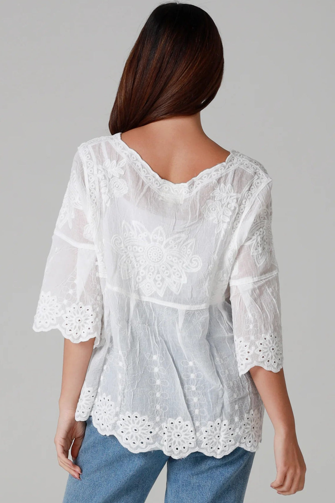 One size white embroidered cotton boho blouse with three-quarter sleeves - Marable Embroidered Cotton Top Australia.