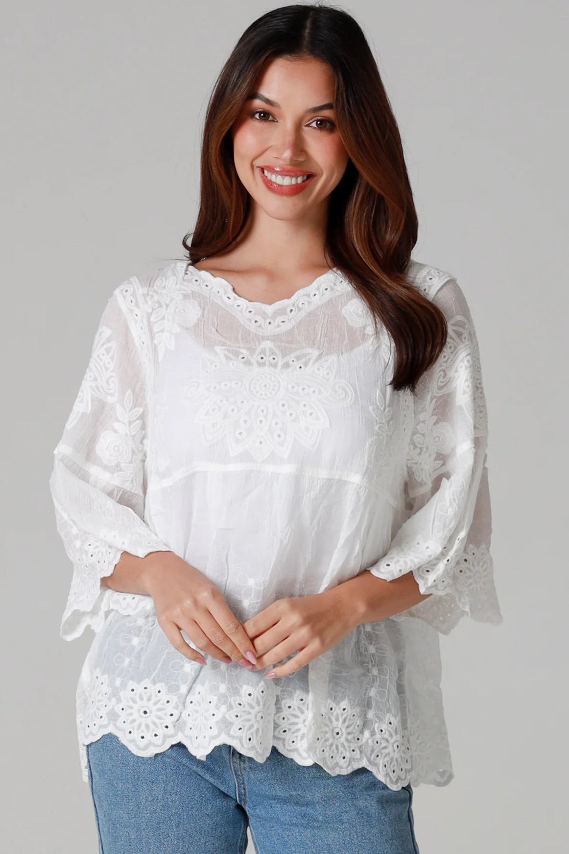 One size white embroidered cotton boho blouse with three-quarter sleeves - Marable Embroidered Cotton Top Australia.