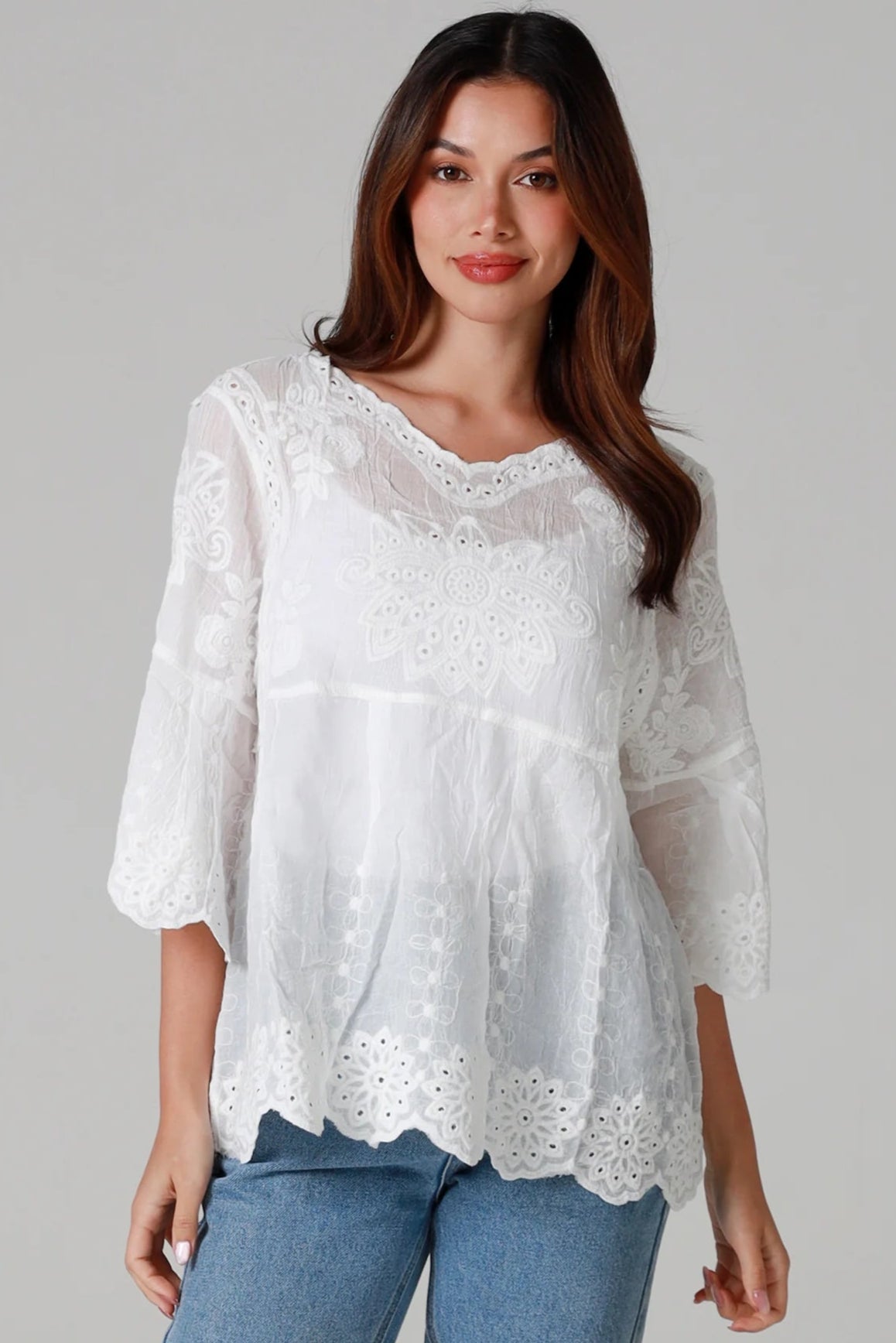 One size white embroidered cotton boho blouse with three-quarter sleeves - Marable Embroidered Cotton Top Australia.
