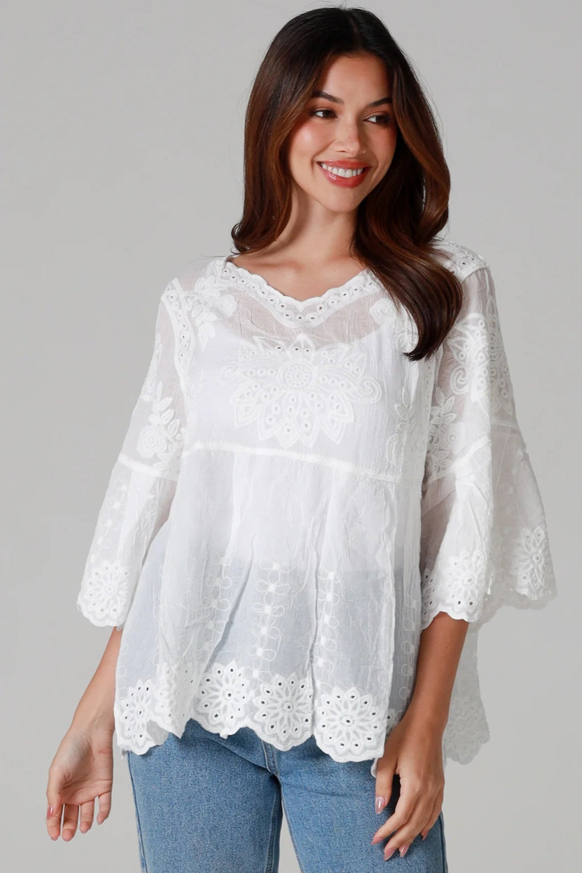 One size white embroidered cotton boho blouse with three-quarter sleeves - Marable Embroidered Cotton Top Australia.