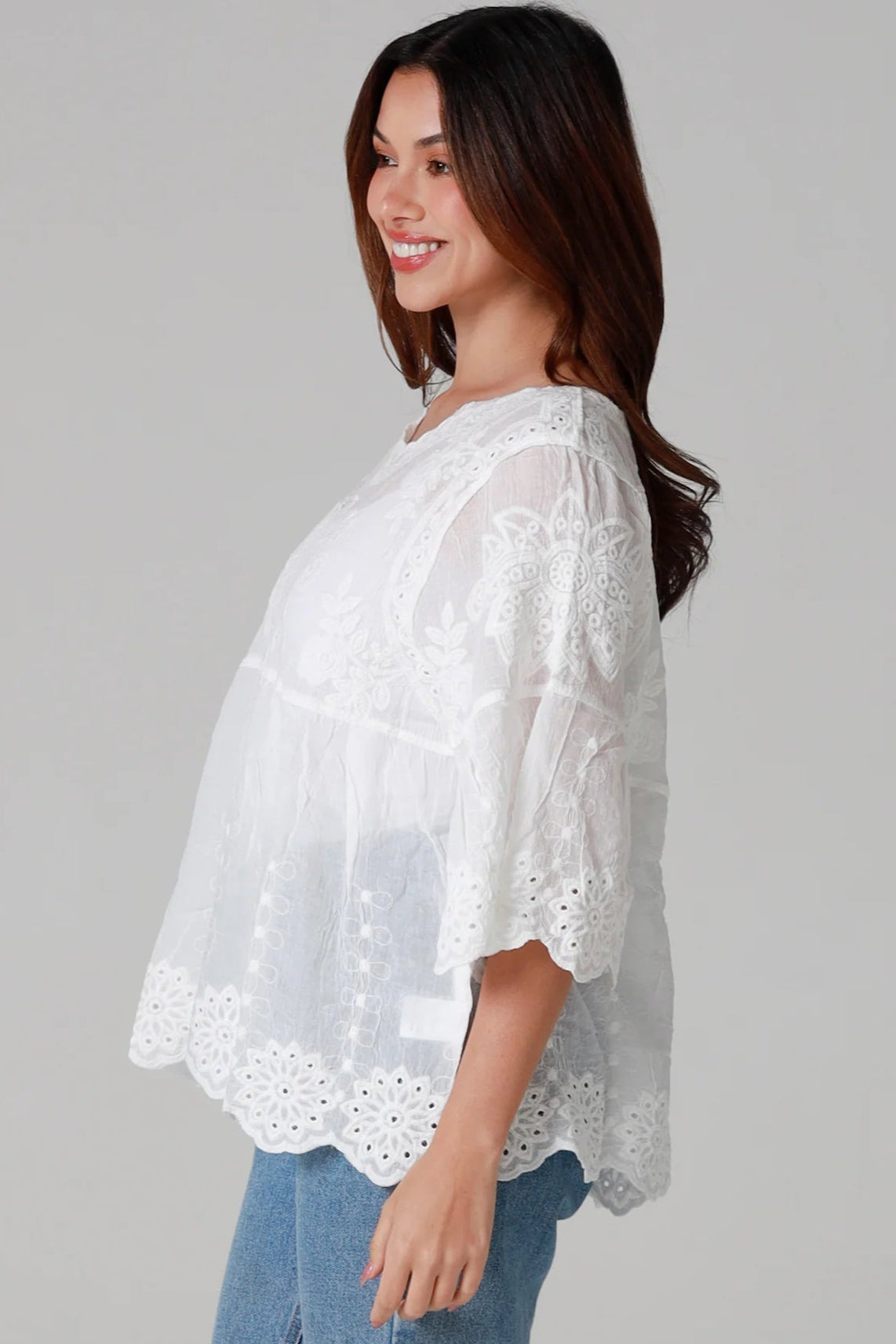 One size white embroidered cotton boho blouse with three-quarter sleeves - Marable Embroidered Cotton Top Australia.