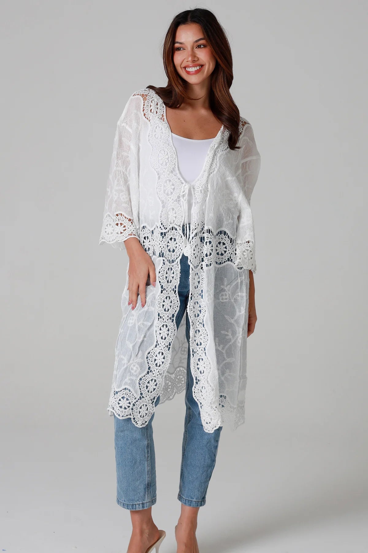 “White cotton kimono with floral embroidery and crochet panels mid-calf length – boho resort kimono Australia”