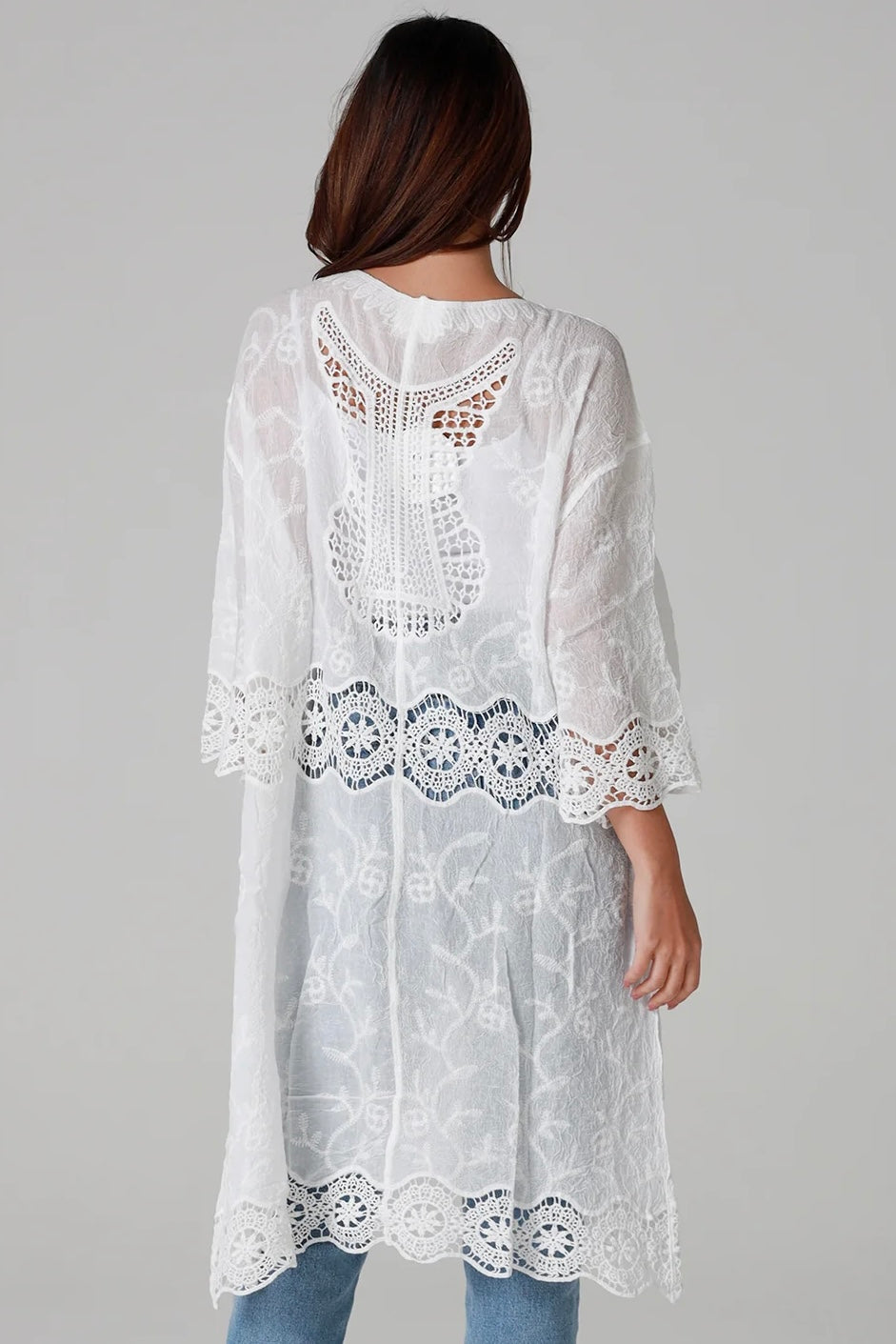 “White cotton kimono with floral embroidery and crochet panels mid-calf length – boho resort kimono Australia”