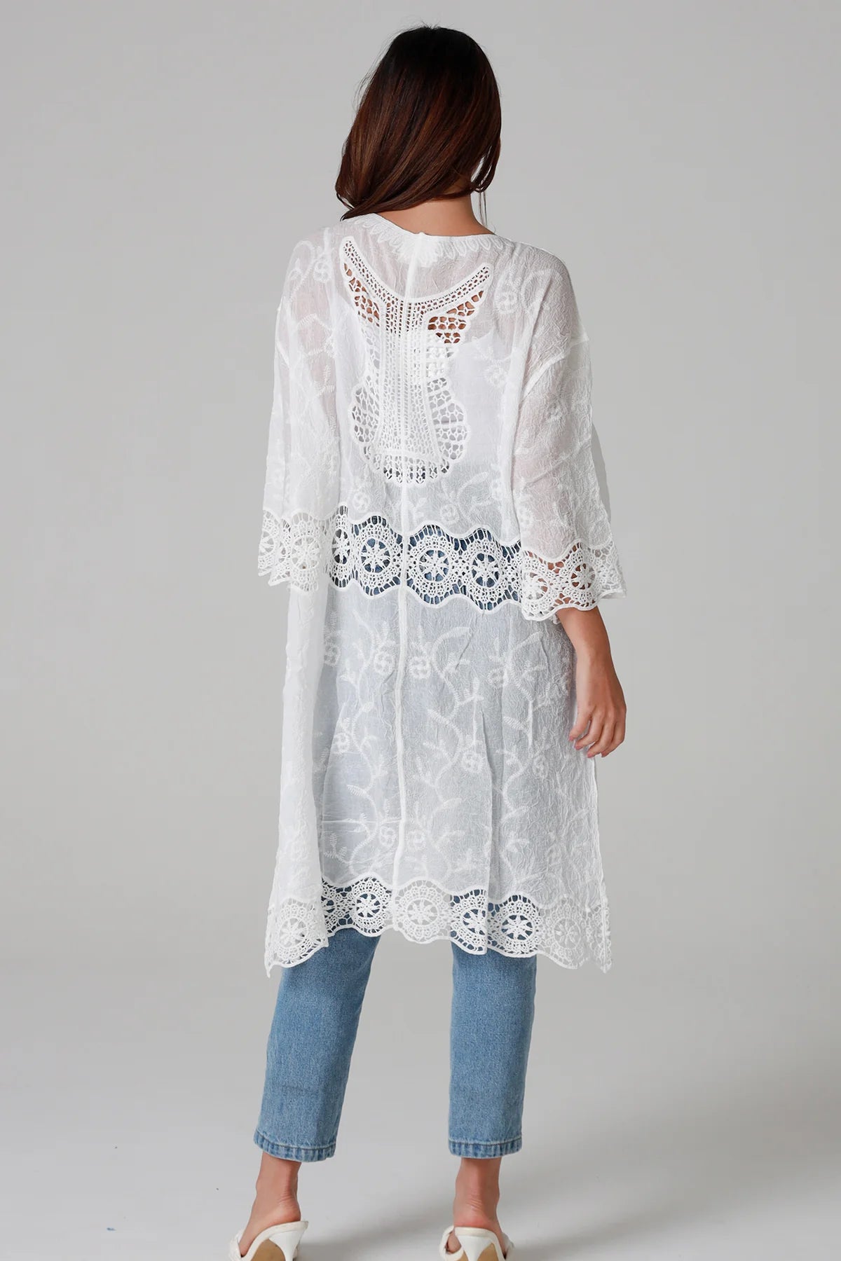 “White cotton kimono with floral embroidery and crochet panels mid-calf length – boho resort kimono Australia”