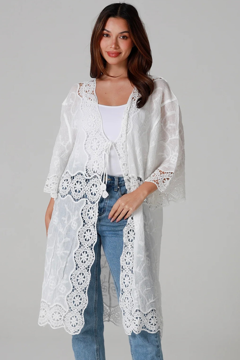 “White cotton kimono with floral embroidery and crochet panels mid-calf length – boho resort kimono Australia”