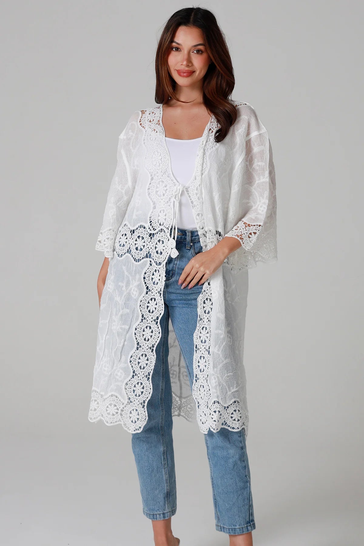 “White cotton kimono with floral embroidery and crochet panels mid-calf length – boho resort kimono Australia”