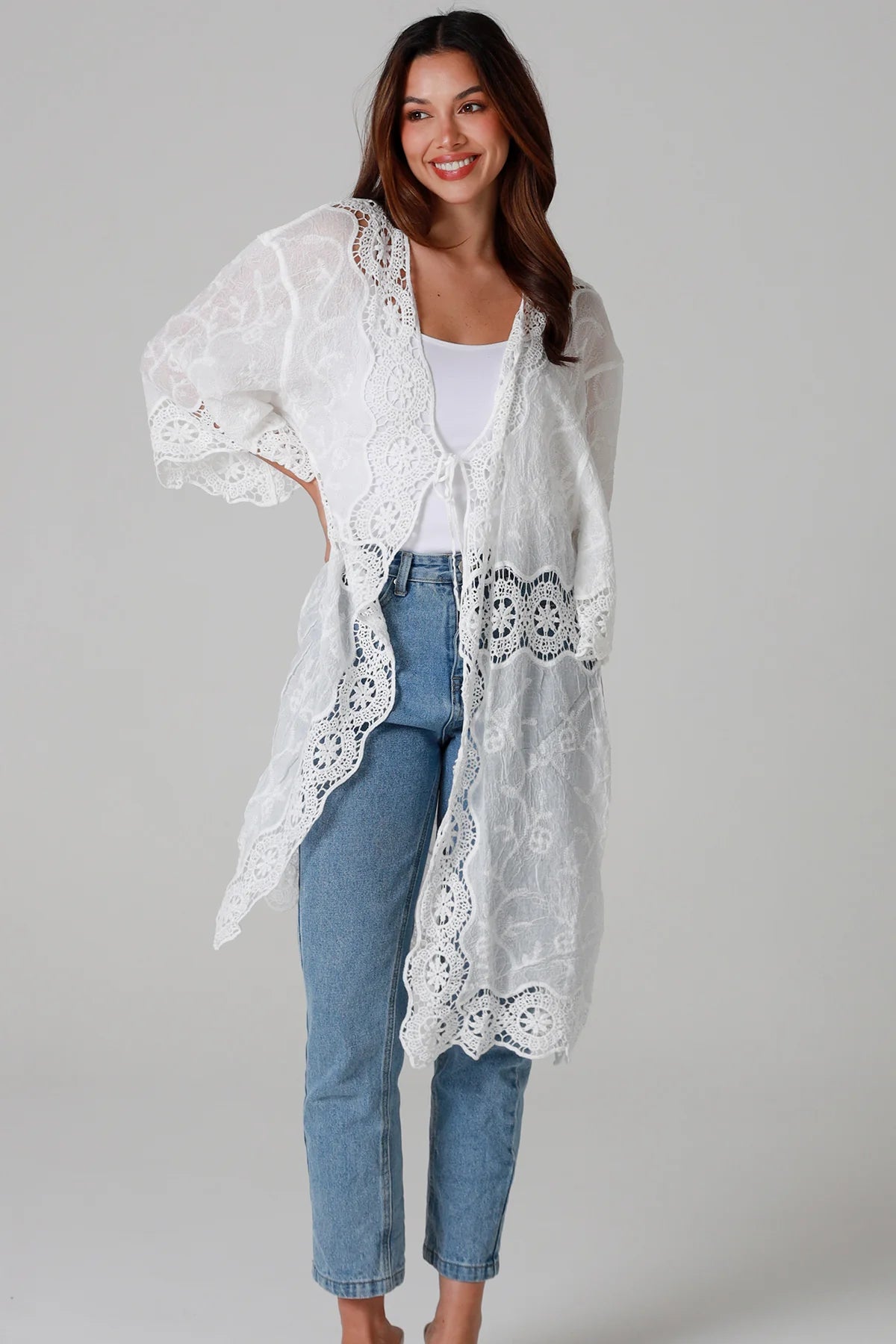 “White cotton kimono with floral embroidery and crochet panels mid-calf length – boho resort kimono Australia”