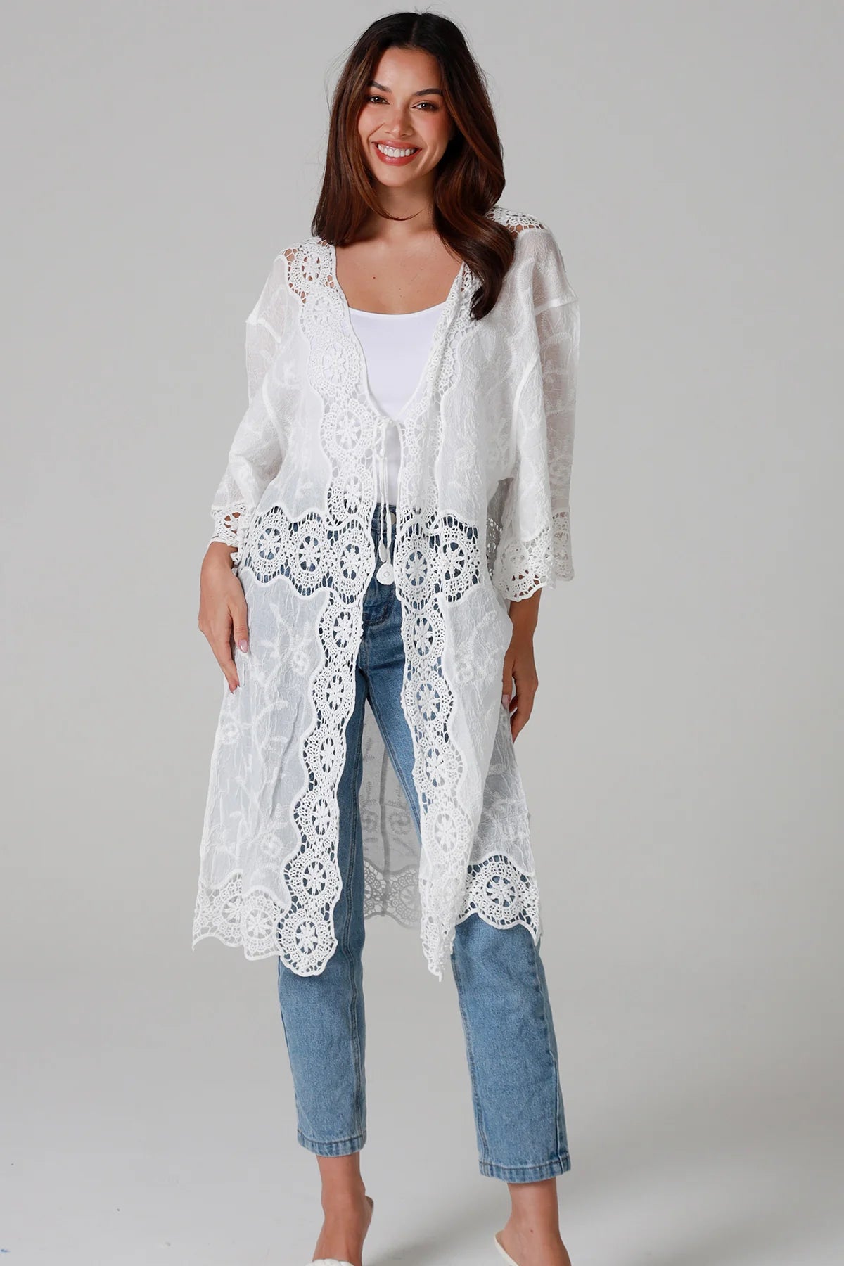 “White cotton kimono with floral embroidery and crochet panels mid-calf length – boho resort kimono Australia”
