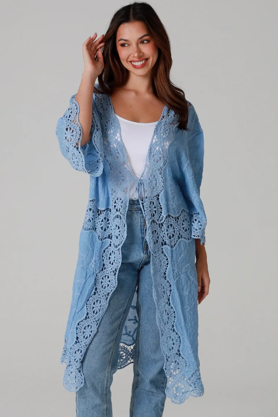 “Sky-blue cotton kimono with tonal blue embroidery and matching crochet panels mid-calf length – boho resort kimono by Willow The Label Australia”
