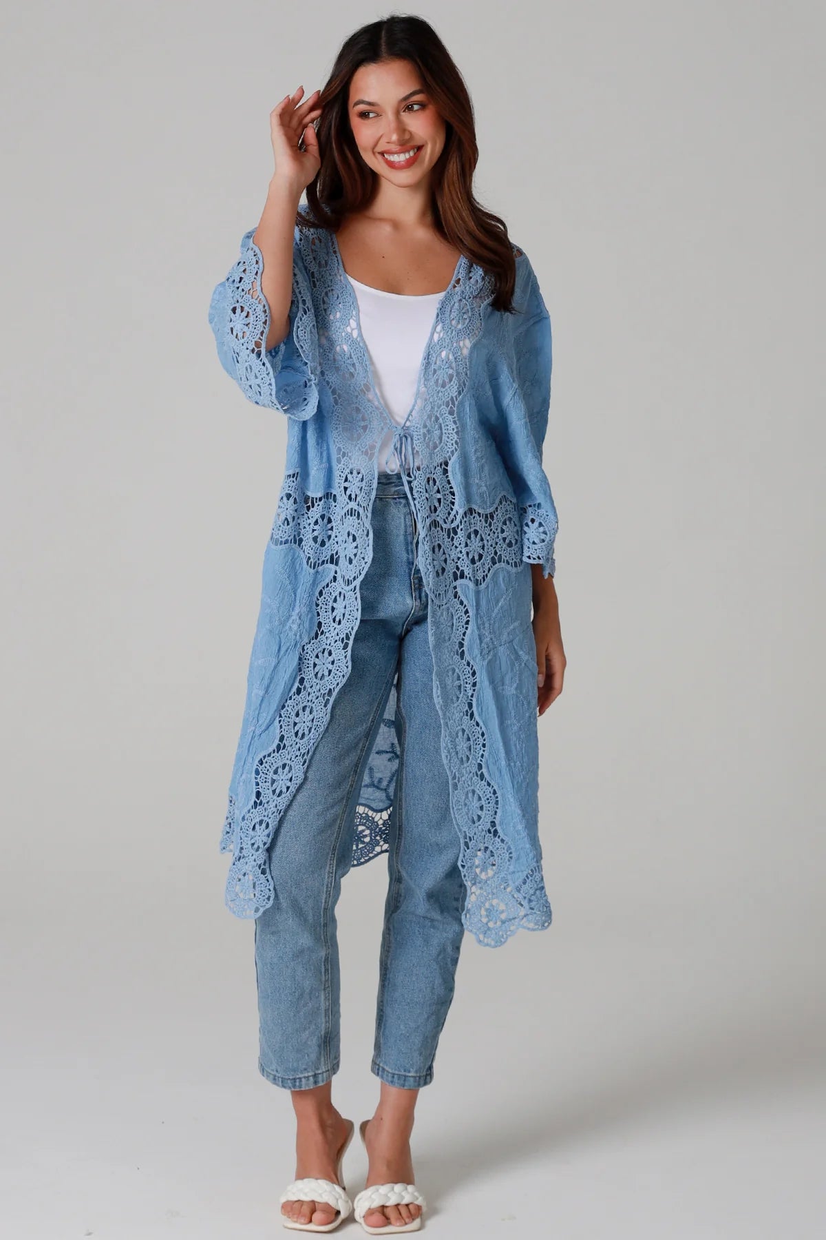 “Sky-blue cotton kimono with tonal blue embroidery and matching crochet panels mid-calf length – boho resort kimono by Willow The Label Australia”