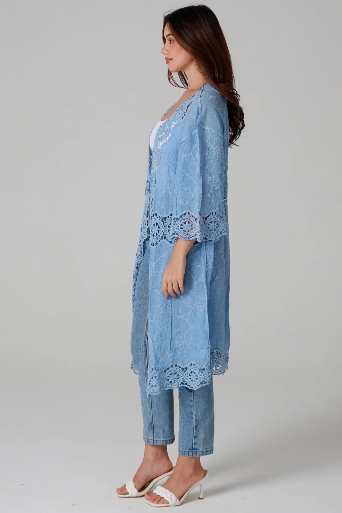 “Sky-blue cotton kimono with tonal blue embroidery and matching crochet panels mid-calf length – boho resort kimono by Willow The Label Australia”