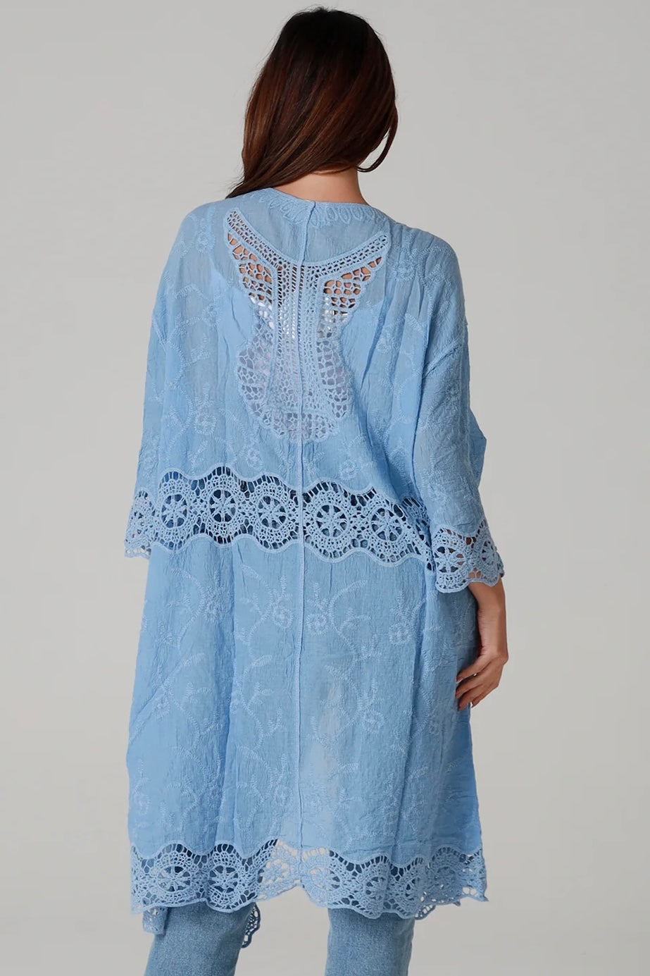 “Sky-blue cotton kimono with tonal blue embroidery and matching crochet panels mid-calf length – boho resort kimono by Willow The Label Australia”