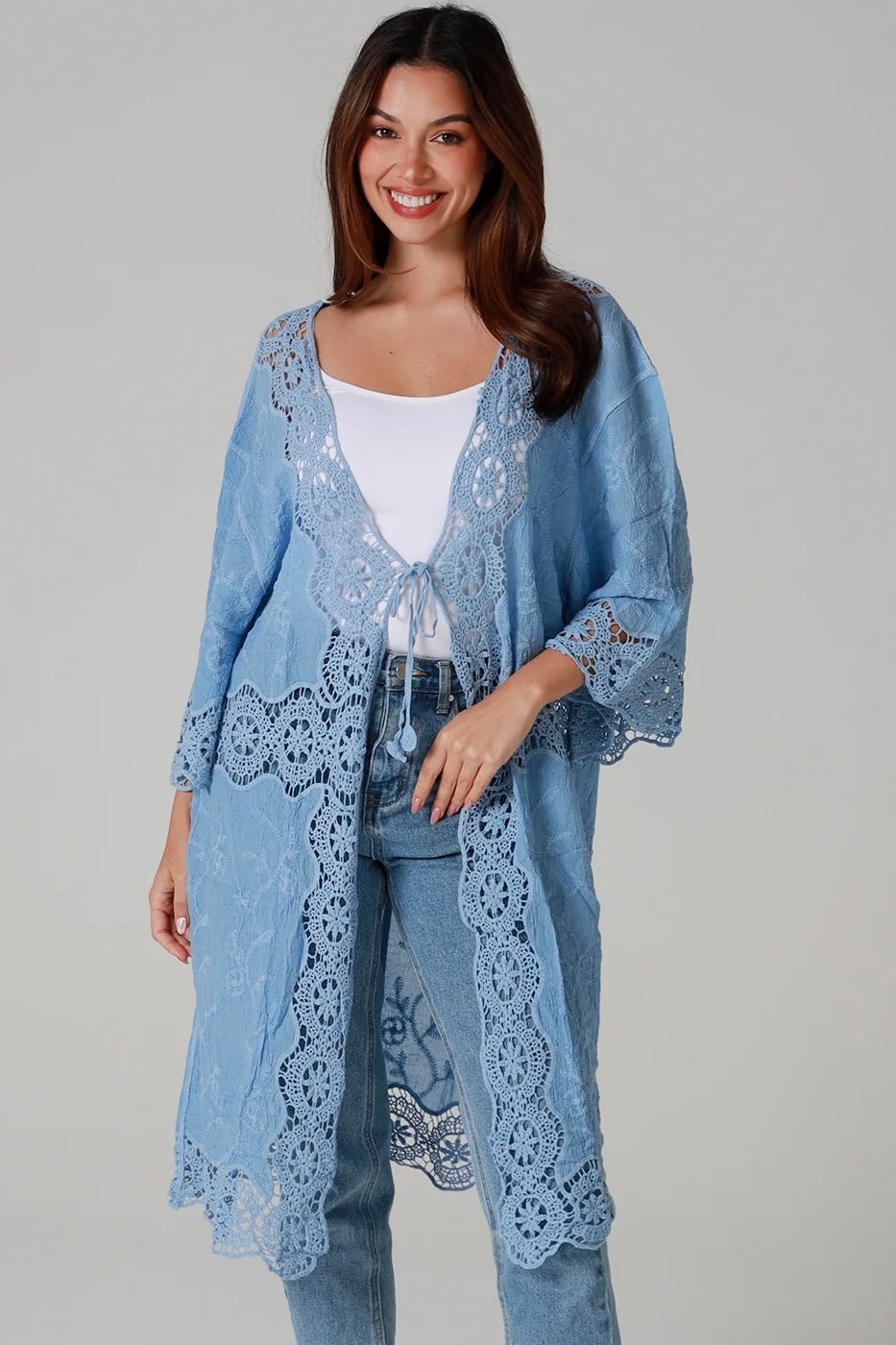 “Sky-blue cotton kimono with tonal blue embroidery and matching crochet panels mid-calf length – boho resort kimono by Willow The Label Australia”