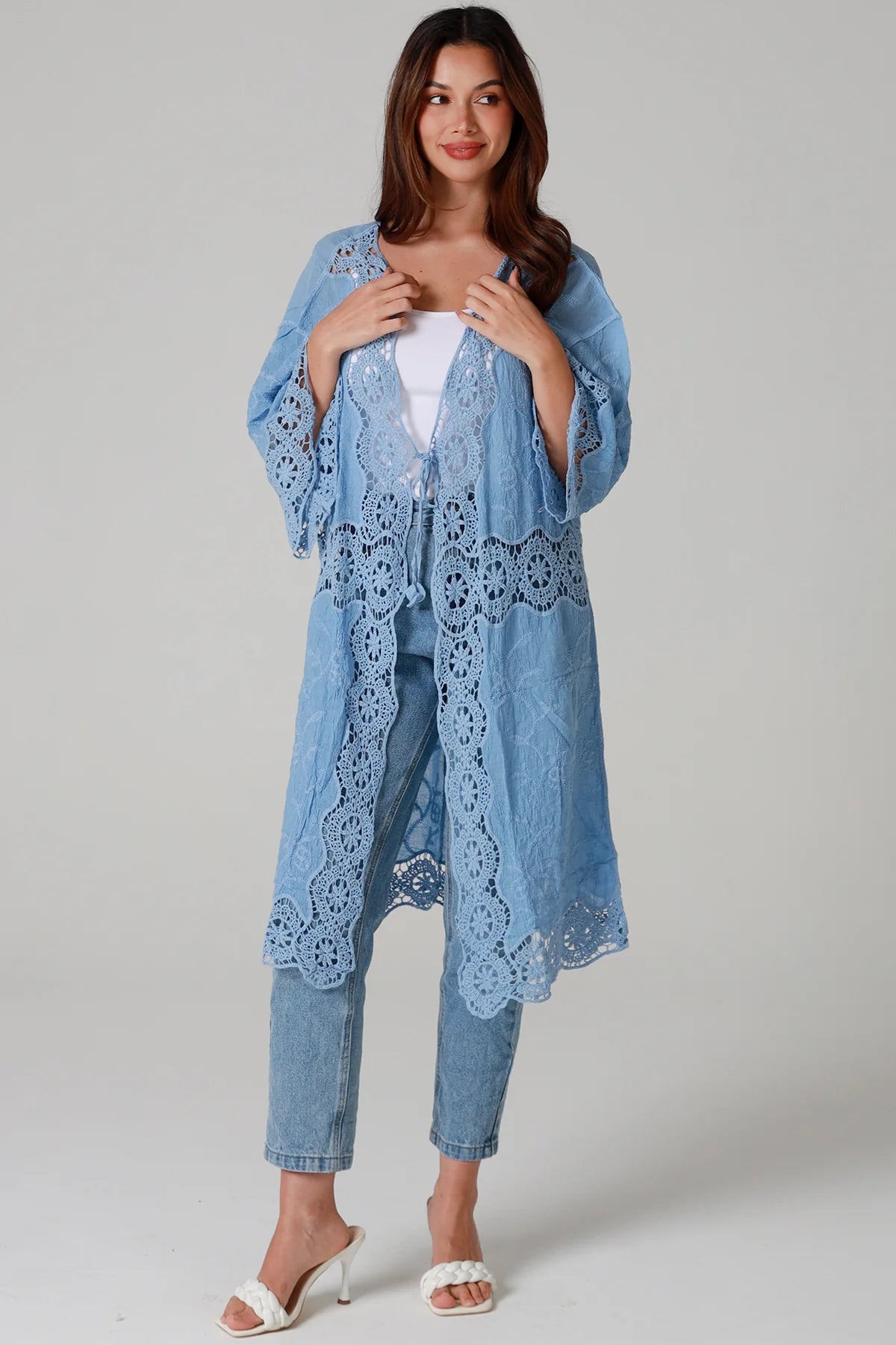 “Sky-blue cotton kimono with tonal blue embroidery and matching crochet panels mid-calf length – boho resort kimono by Willow The Label Australia”