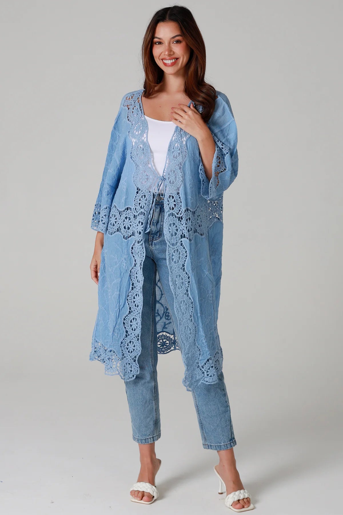 “Sky-blue cotton kimono with tonal blue embroidery and matching crochet panels mid-calf length – boho resort kimono by Willow The Label Australia”