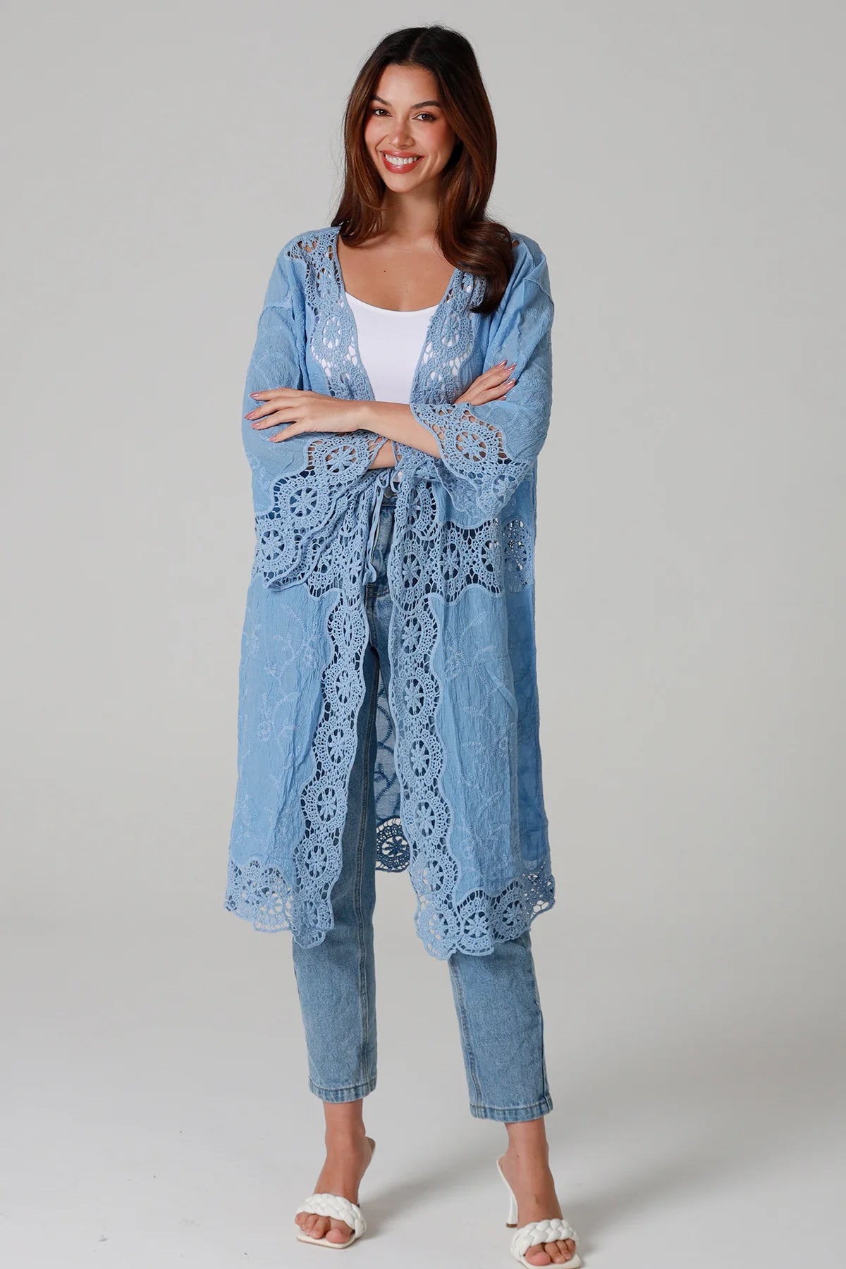 “Sky-blue cotton kimono with tonal blue embroidery and matching crochet panels mid-calf length – boho resort kimono by Willow The Label Australia”