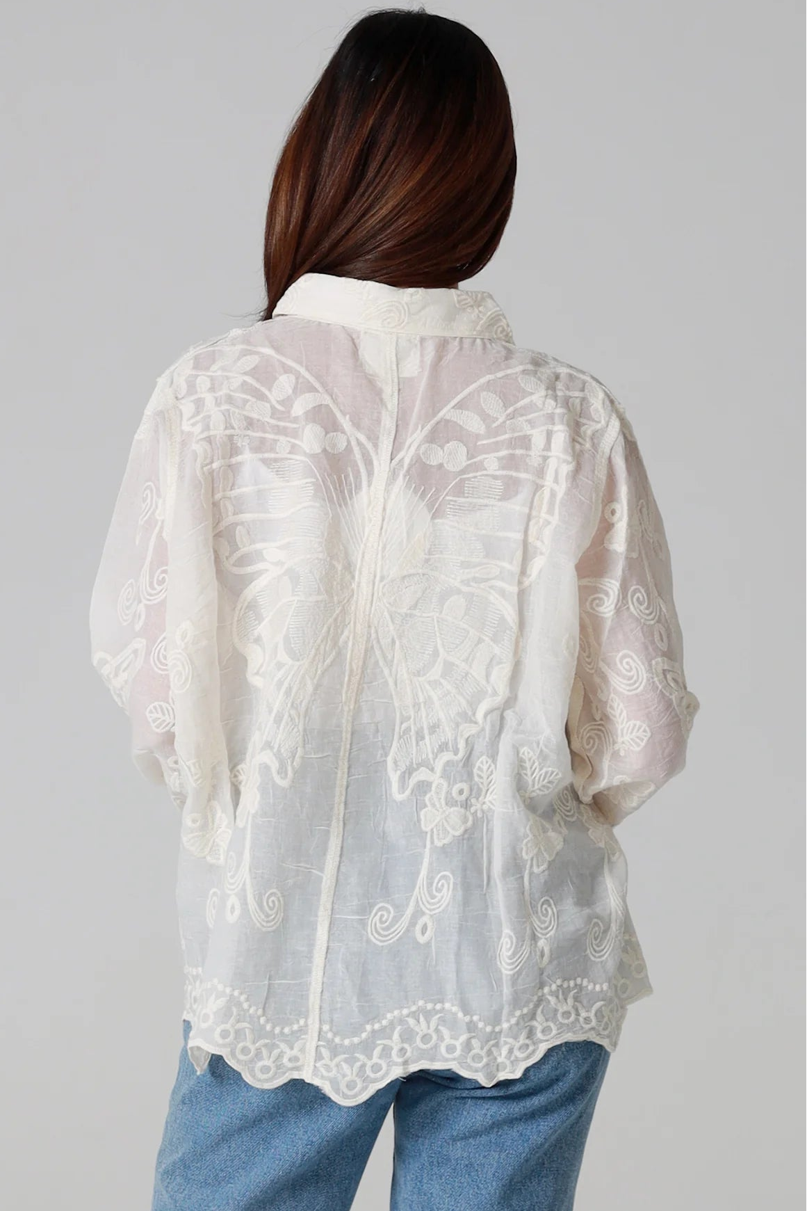 Cream cotton embroidered butterfly shirt with large butterfly embroidery across the back women’s boho top Australia