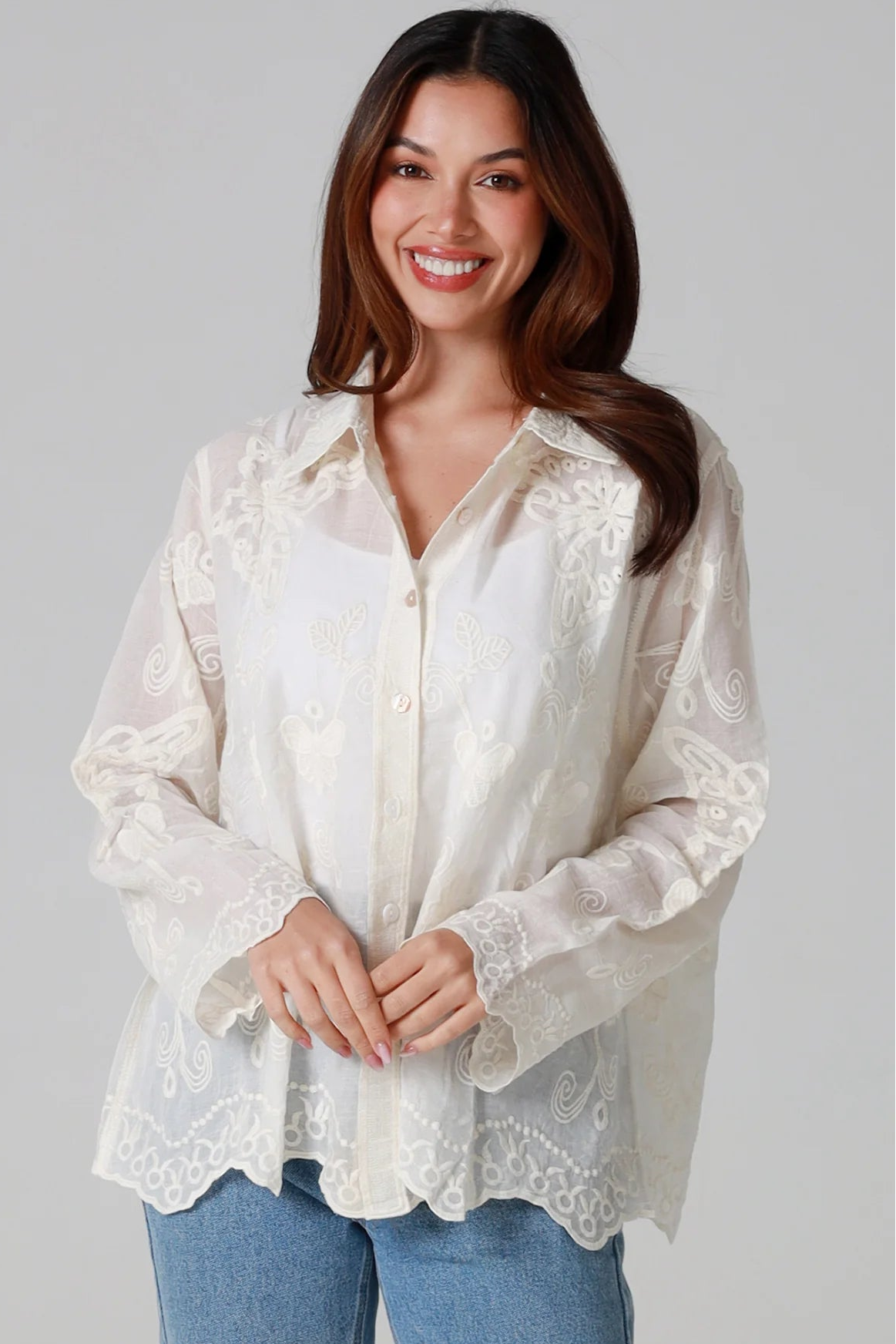 Cream cotton embroidered butterfly shirt with large butterfly embroidery across the back women’s boho top Australia
