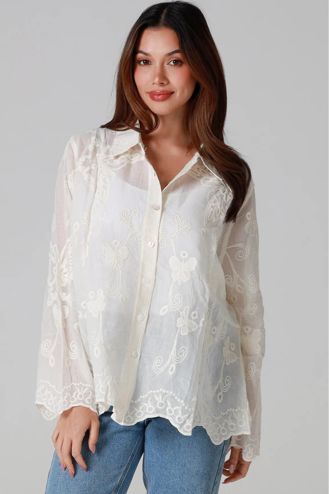 Cream cotton embroidered butterfly shirt with large butterfly embroidery across the back women’s boho top Australia