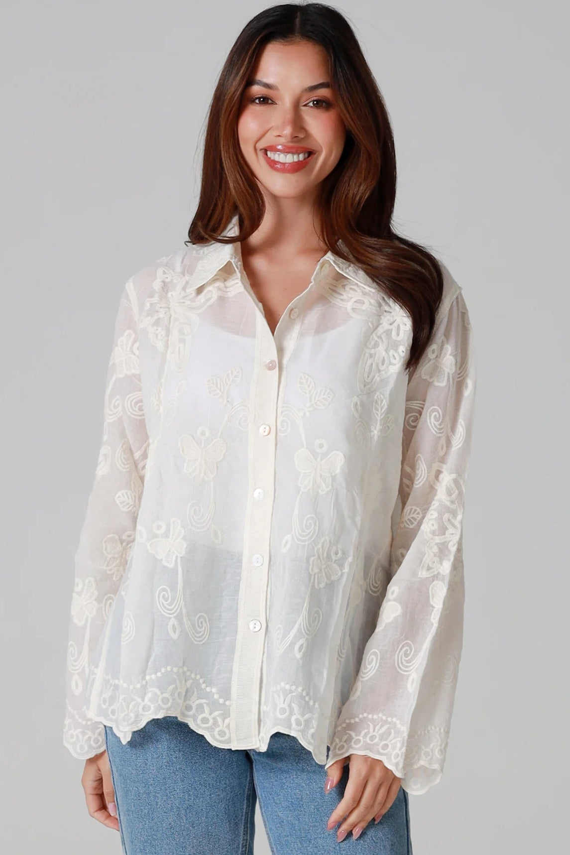 Cream cotton embroidered butterfly shirt with large butterfly embroidery across the back women’s boho top Australia