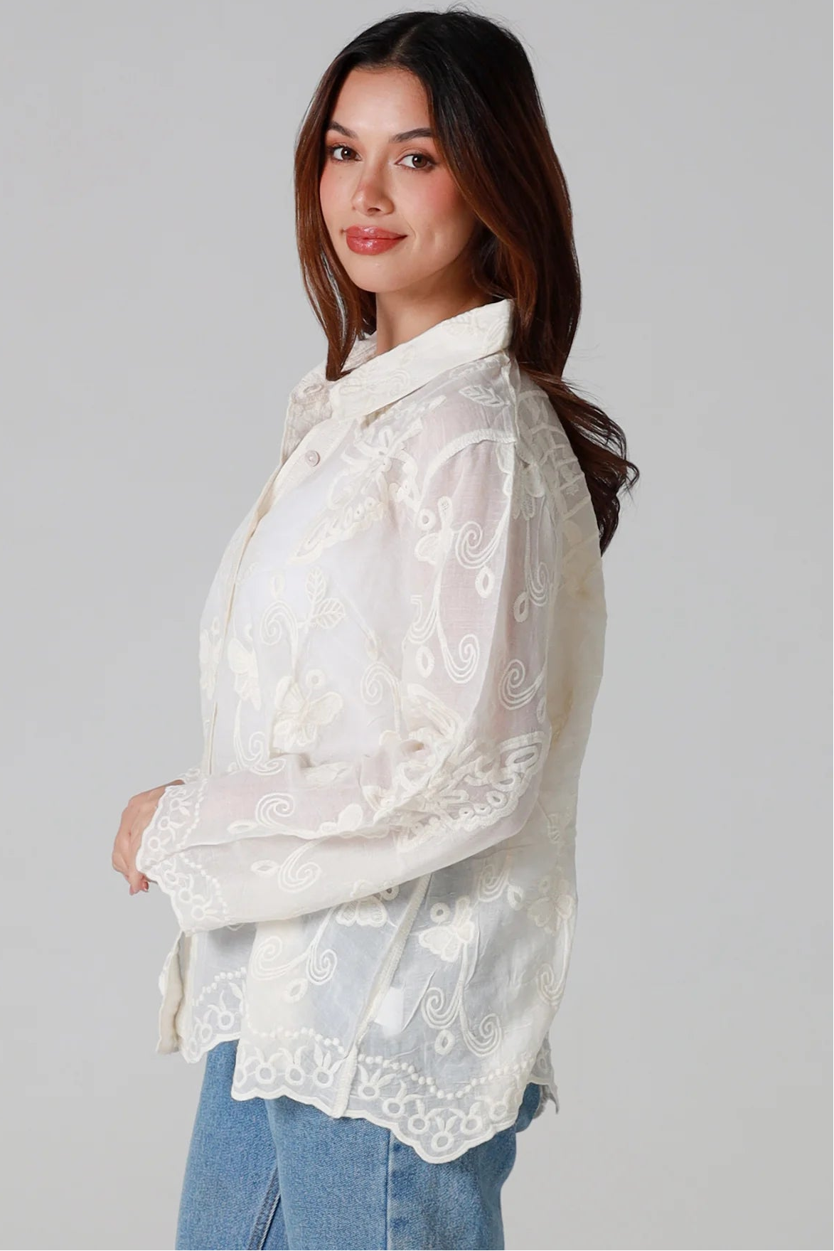 Cream cotton embroidered butterfly shirt with large butterfly embroidery across the back women’s boho top Australia
