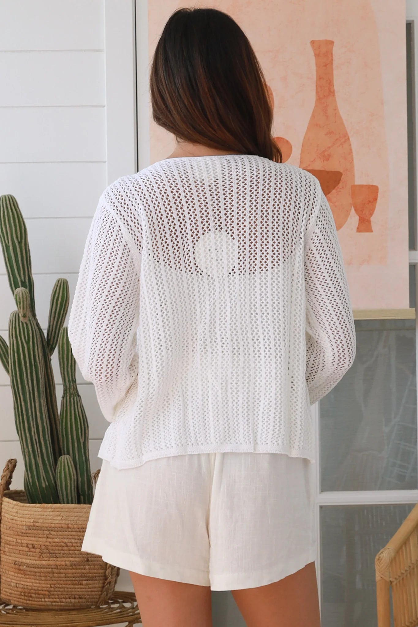 White cotton crochet cardigan with tie-front, long sleeves and round neck - boho knitwear Australia