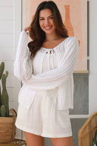 White cotton crochet cardigan with tie-front, long sleeves and round neck - boho knitwear Australia