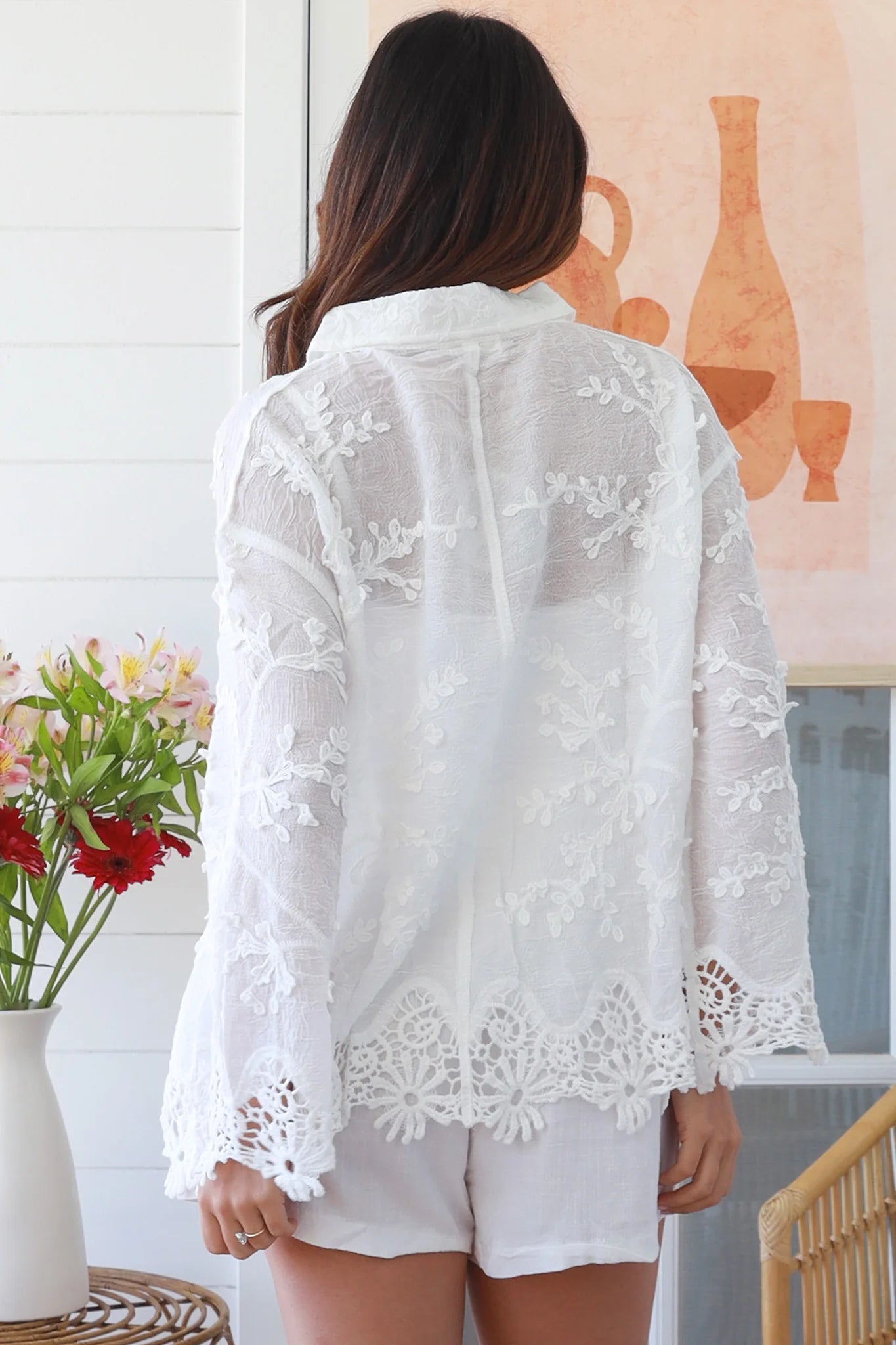 White embroidered cotton crochet shirt with scalloped cuffs and hem – Willow the Label summer resort style