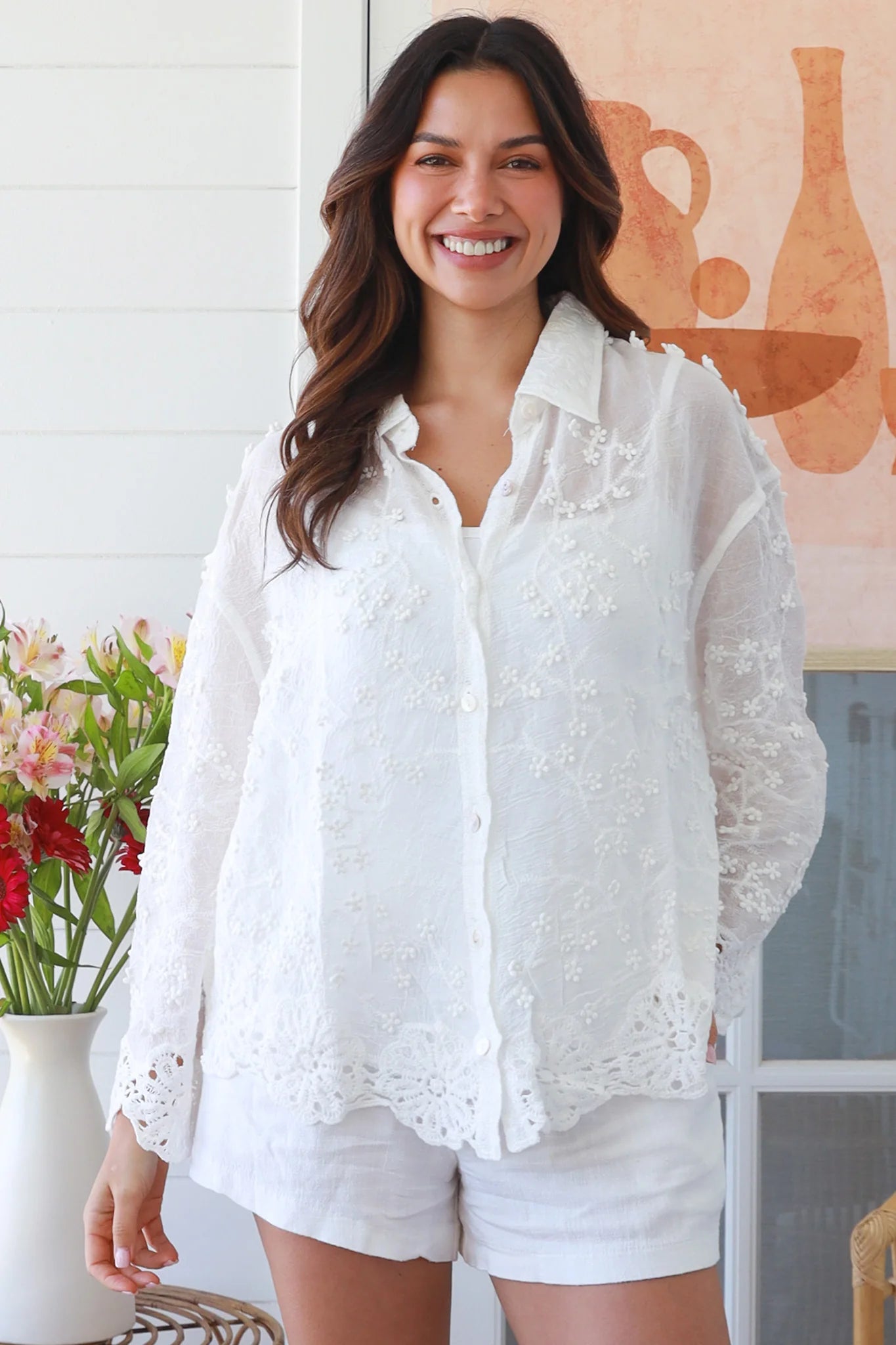 Close-up of white embroidered cotton boho shirt with shell buttons and long sleeves – Willow Lucinda Shirt Australia