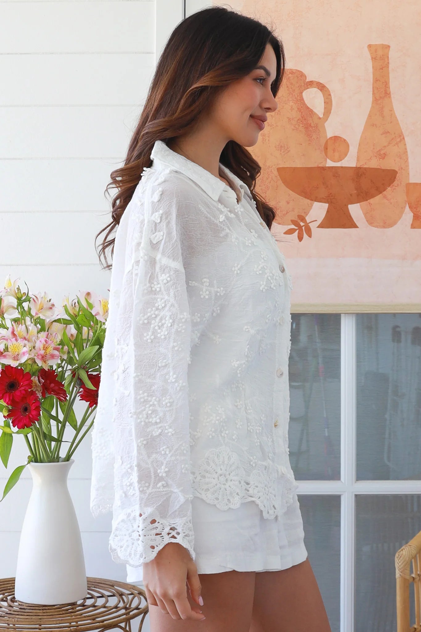Close-up of white embroidered cotton boho shirt with shell buttons and long sleeves – Willow Lucinda Shirt Australia