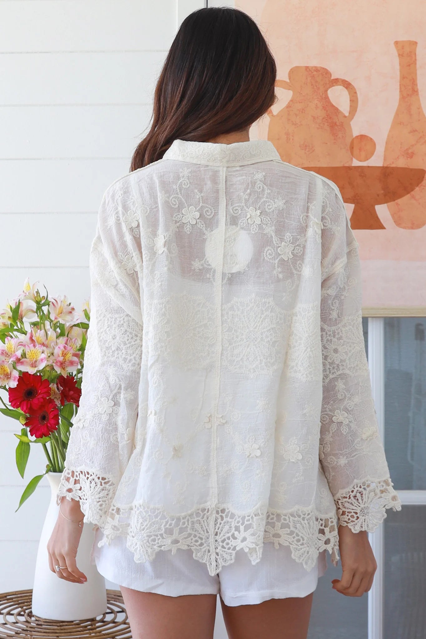 Primrose cream embroidered cotton shirt with delicate floral embroidery and shell buttons by Willow The Label