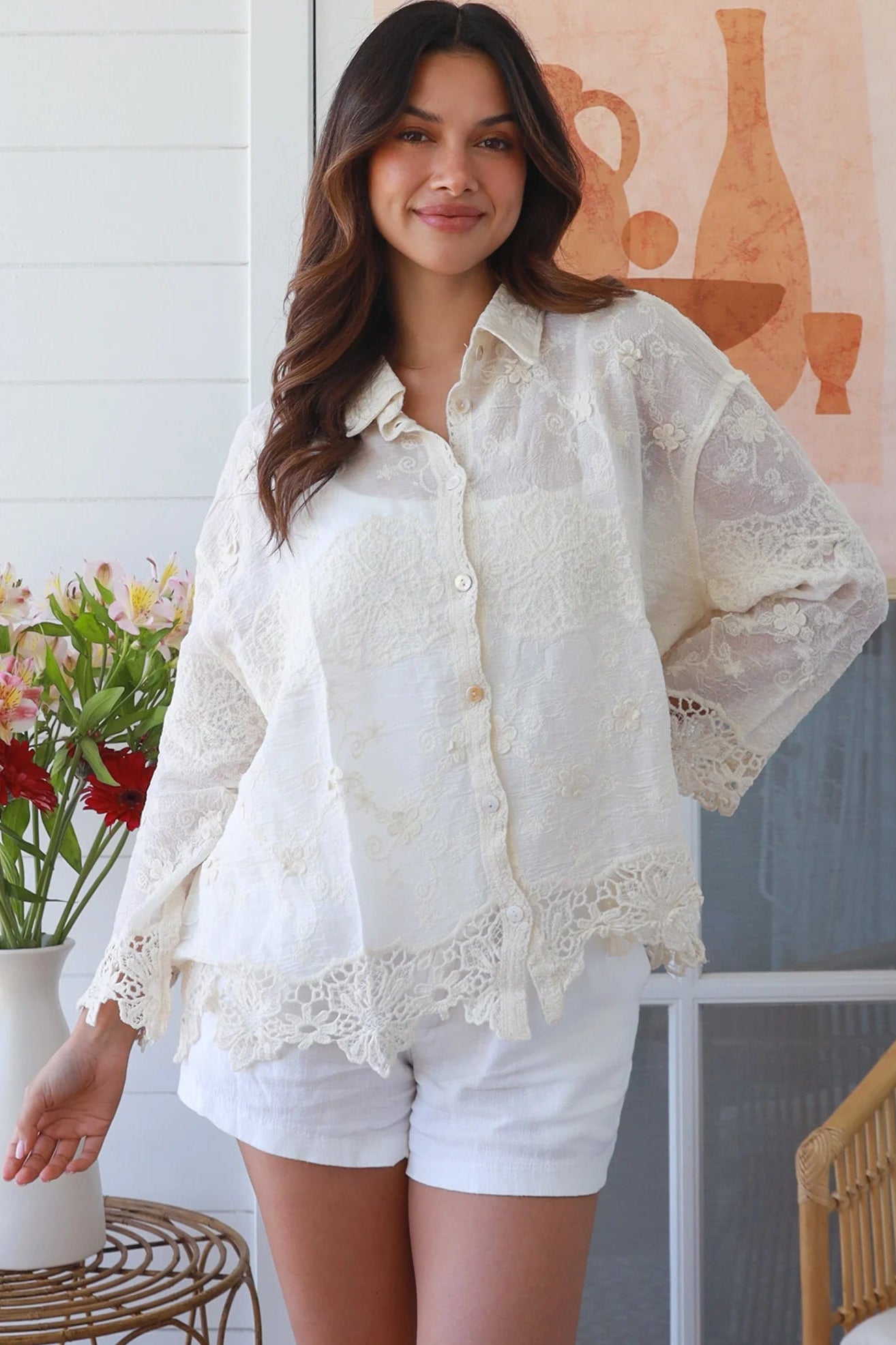 Primrose cream embroidered cotton shirt with delicate floral embroidery and shell buttons by Willow The Label