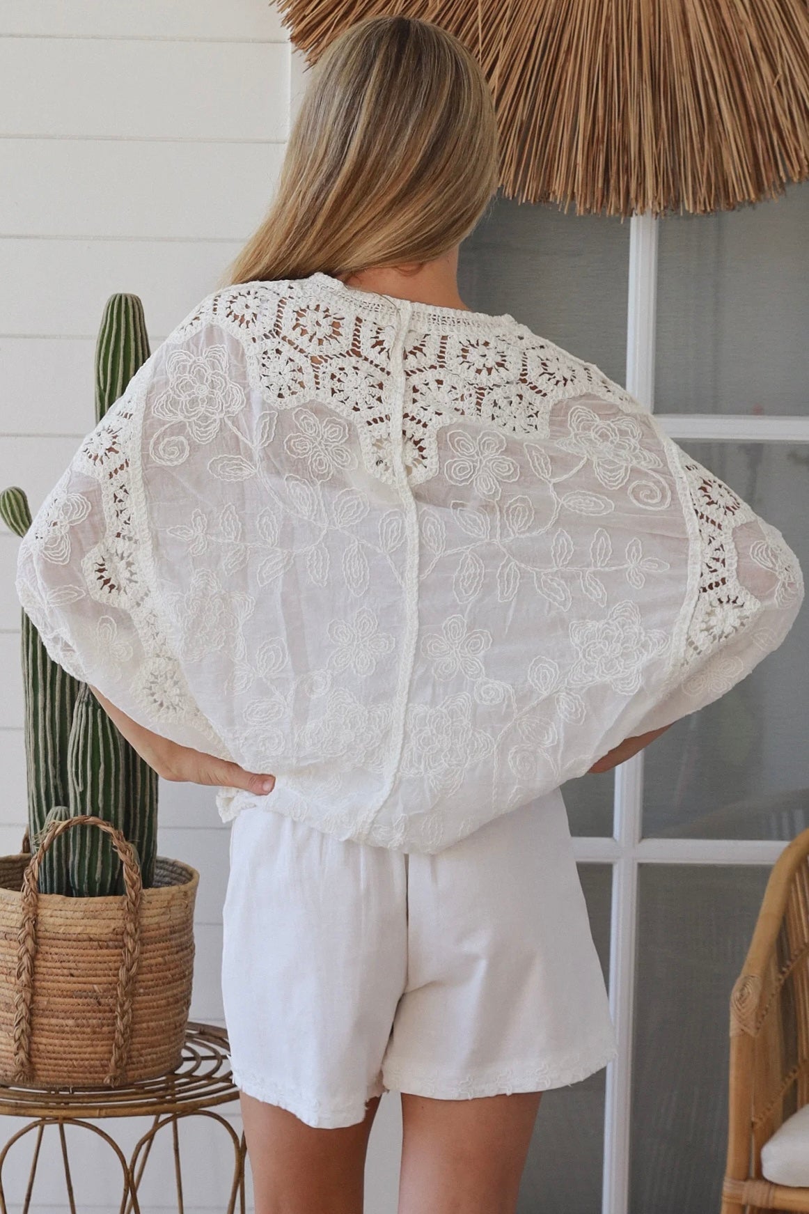 White crochet cotton top with embroidery and button front half sleeves - Boho style one size AU 8-14 | Bohemian Love Runway 