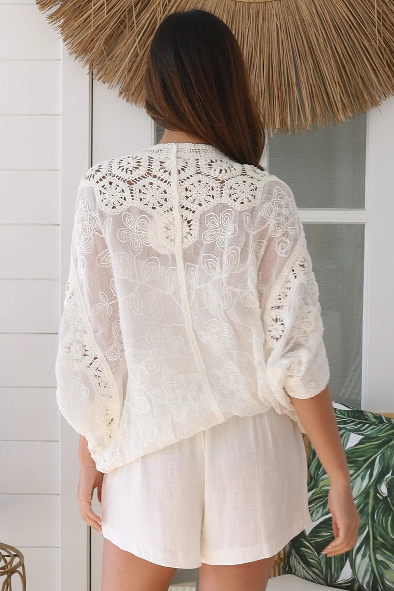 White crochet cotton top with embroidery and button front half sleeves - Boho style one size AU 8-14| Bohemian Love Runway 