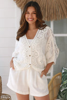 White crochet cotton top with embroidery and button front half sleeves - Boho style one size AU 8-1 | Bohemian Love Runway 