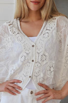 White crochet cotton top with embroidery and button front half sleeves - Boho style one size AU 8-14 | Bohemian Love Runway 