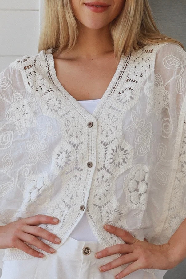 White crochet cotton top with embroidery and button front half sleeves - Boho style one size AU 8-14 | Bohemian Love Runway 