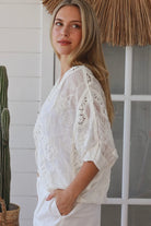 White crochet cotton top with embroidery and button front half sleeves - Boho style one size AU 8-14 | Bohemian Love Runway 
