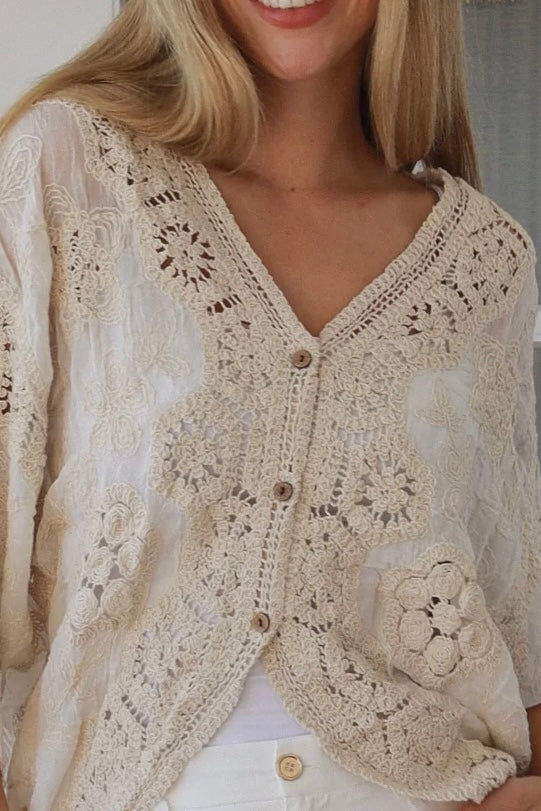 Melrose cream embroidered cotton crochet top by Willow the Label with floral embroidery and statement crochet back
