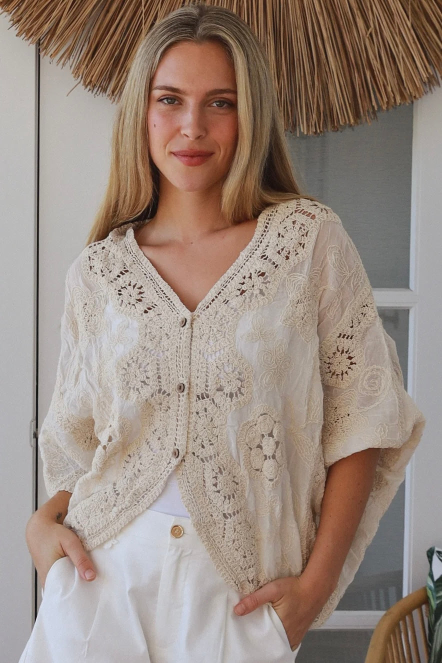 Melrose cream embroidered cotton crochet top by Willow the Label with floral embroidery and statement crochet back