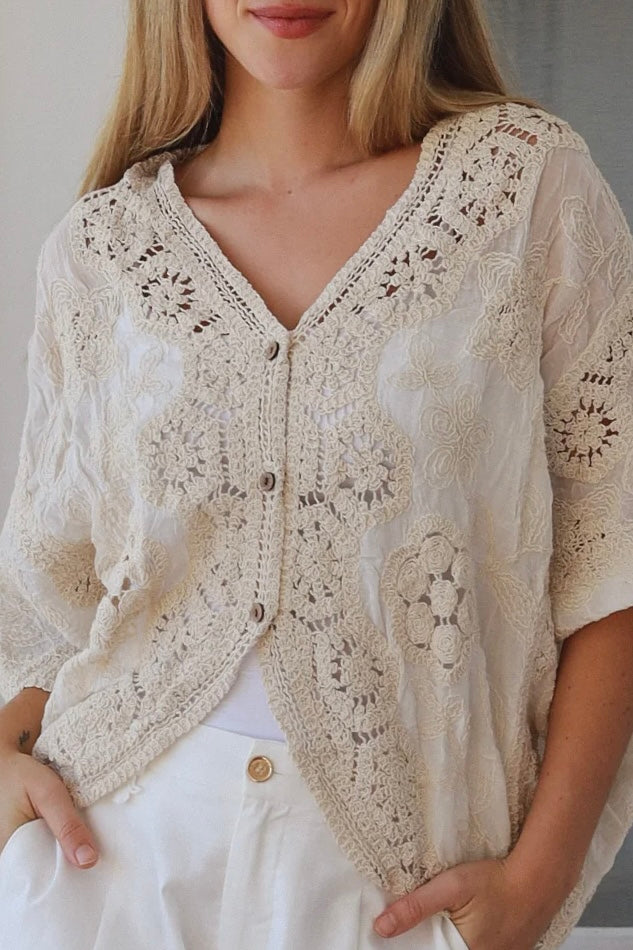 Melrose cream embroidered cotton crochet top by Willow the Label with floral embroidery and statement crochet back