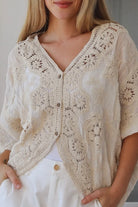 Melrose cream embroidered cotton crochet top by Willow the Label with floral embroidery and statement crochet back