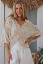 Melrose cream embroidered cotton crochet top by Willow the Label with floral embroidery and statement crochet back