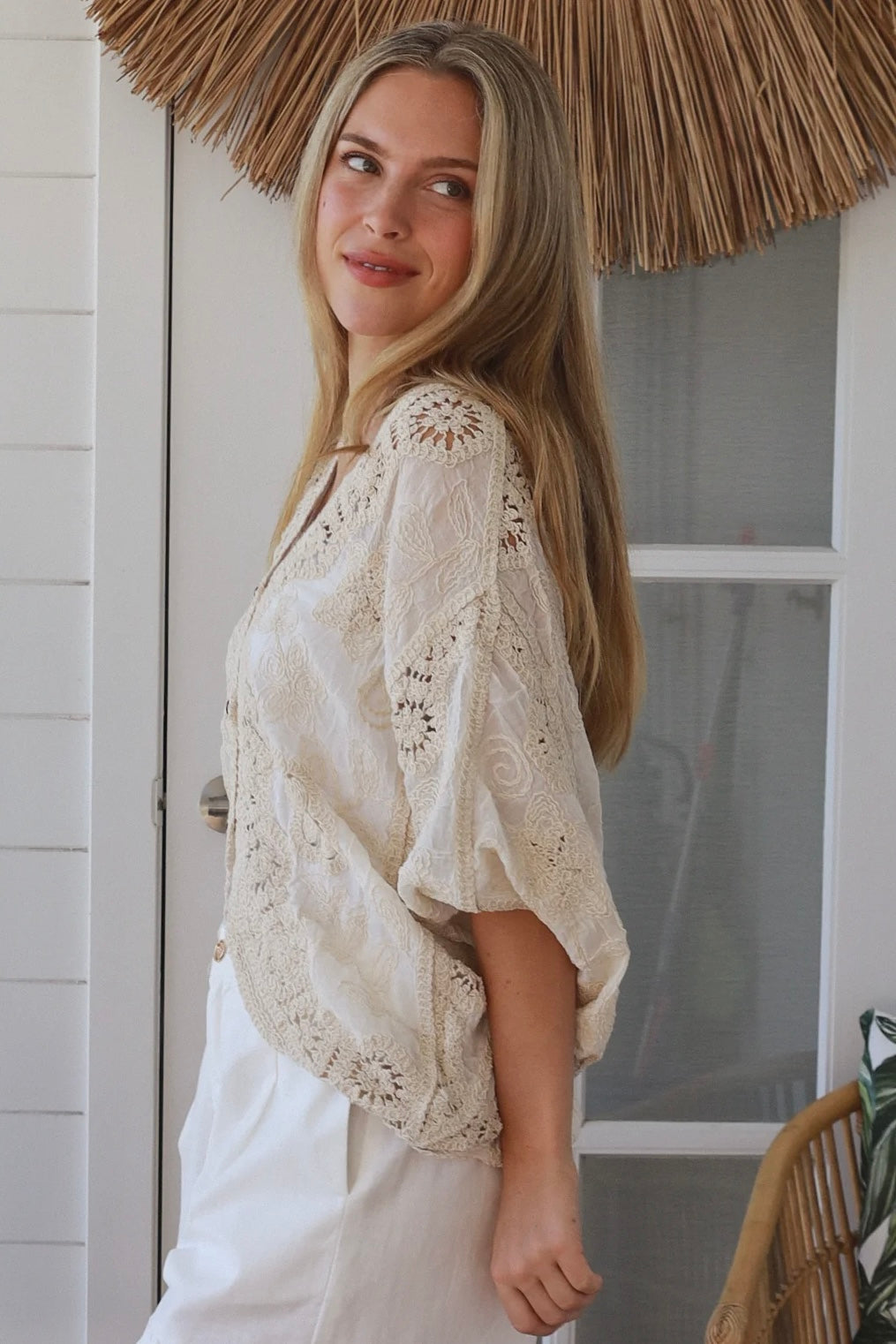 Melrose cream embroidered cotton crochet top by Willow the Label with floral embroidery and statement crochet back