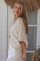Melrose cream embroidered cotton crochet top by Willow the Label with floral embroidery and statement crochet back