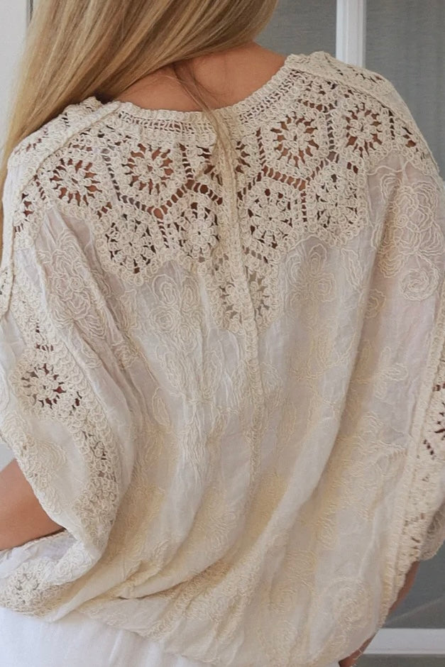 Melrose cream embroidered cotton crochet top by Willow the Label with floral embroidery and statement crochet back